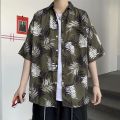 Hong kong style retro ulzzang Short Sleeve Printed Shirt Men's Harajuku Style Loose ins Shirt Beach Couple Sun-Protective Clothing Tide. 