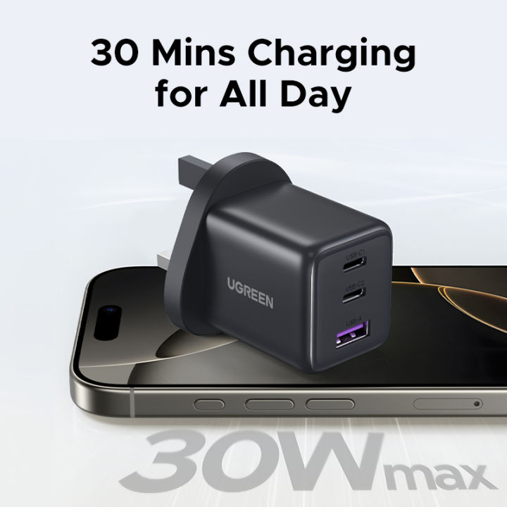 UGREEN%20GaN%2030W%20Max%20USB%20C%20Fast%20Charger%20Adapter%203%20Ports%20(2%20USB%20C%20&%201%20USB%20A)%20Multi-color%20Wall%20Charger%20for%20iPad%20iPhone%2016%2015%20Pro%20Max%20Samsung%20S25%20S24%20Ultra%20-%20Image%202