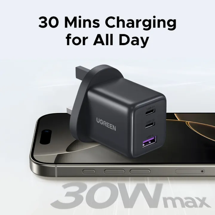 UGREEN%20GaN%2030W%20Max%20USB%20C%20Fast%20Charger%20Adapter%203%20Ports%20(2%20USB%20C%20&%201%20USB%20A)%20Multi-color%20Wall%20Charger%20for%20iPad%20iPhone%2016%2015%20Pro%20Max%20Samsung%20S25%20S24%20Ultra%20-%20Image%202