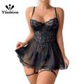 Yfashion 2 Piece Women Lingerie Lace Babydoll Lingerie Sets With Garter Belts V Neck Chemise Nightdress With Thong. 