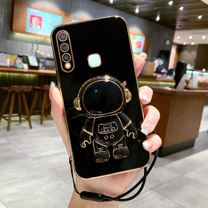 Maitus for Vivo Y12 Y15 Y17 Back Cover with Lanyard + Astronaut Hidden Stand Luxury 6D Plating Shiny Cases Soft Silicone Square Bumper Mobile Phone Case Pouch for Boy Girls