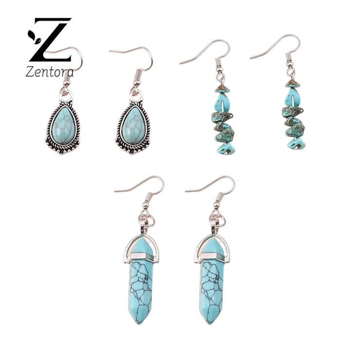 Zentora Ladies Necklace Faux Blue Turquoise Natural Stone Dangling Earrings Kit