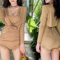 bellylady 2pcs Women Cotton Sexy Swimsuit Trendy Solid Color High Waist Slim Fit One-piece Swimwear For Hot Spring. 