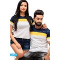 White Navy Blue Yellow Color Lined Couple T Shirt | AS572. 