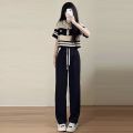 New Fashion Outfit Women's Summer Korean Style Loose Salt Wear StripedPoloCollar Top Wide Leg Pants Two-Piece Set. 