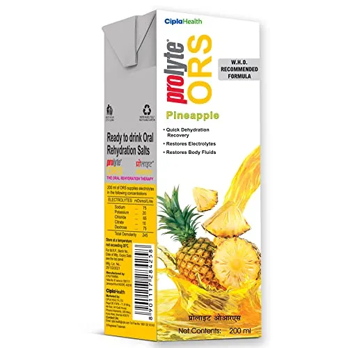 Cipla Prolyte Ors Ready To Drink Oral Rehydration Contains Vital Electrolytes | Restores Body Fluids Lost Due To Sweating, Diarrhea & Vomiting | Who Formula (Pineapple, Pack Of 10), Liquid (FROM INDIA)SAB
