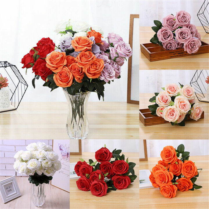 10 Heads 10 Heads Silk Rose Artificial Flowers Bouquet Wedding Garden ...