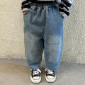 Boy Girl children patch casual jeans autumn winter clothes kid loose pocket retro denim pants Baby Cotton solid fashion trousers boys. 