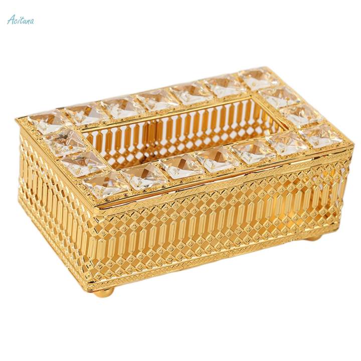 Crystal Tissue Box Cover Decorative Paper Box for Bedroom Dresser Dining Golden