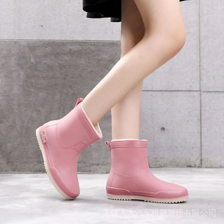 Rain Boots Women's Fashionable Outer Wear Fleece-Lined Waterproof Mid-Calf Rain Boots Non-Slip Wear-Resistant Cotton-Padded Detachable Silicon Shoes