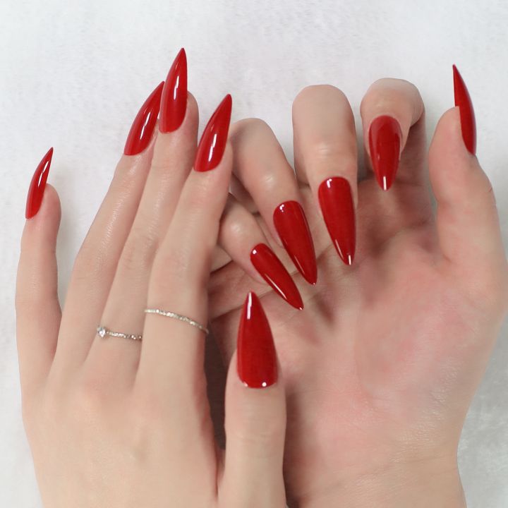 Stiletto Mirror Red Light Gossy Red Color Fingernails Sharp Nails Art Medium Size Wholesale Manicure Full Cover With Tabs