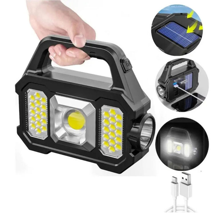 LED Flashlight Searchlight Built in Waterproof Solar Power Bank Glare Flashlight With Side Camping