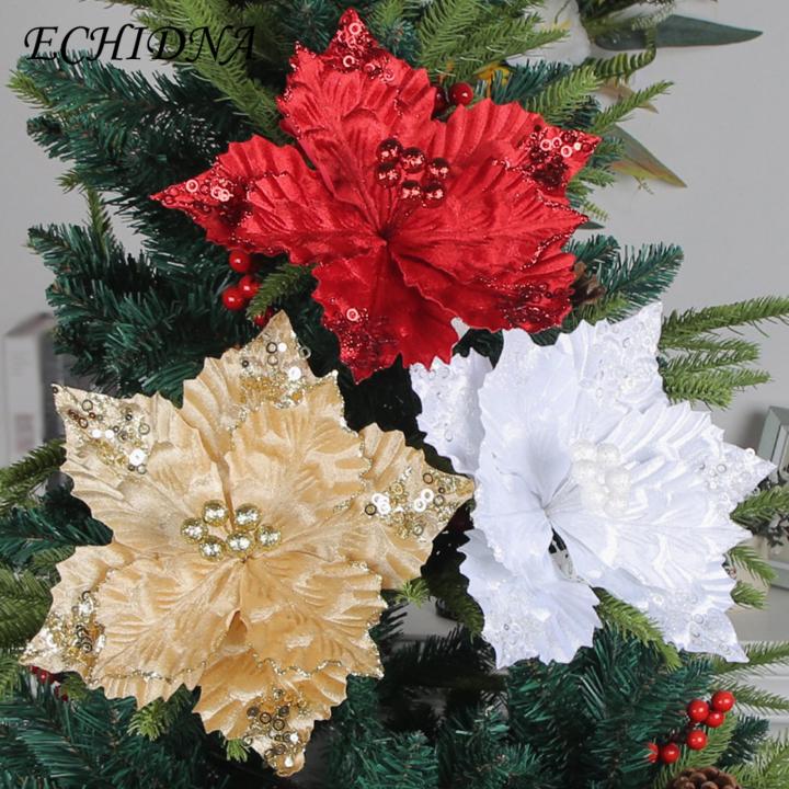 Durable Artificial Flowers for Christmas Sparkling Christmas Glitter Artificial Flower Red Golden White Holiday Decoration Reusable Wired Xmas Tree Wreath Fake Flower Party Supplies Artificial