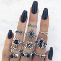 10 Style Black Opal Stone Crown Flower Elephant Crescent Ring Set for Women Metal Jewelry Accessories. 