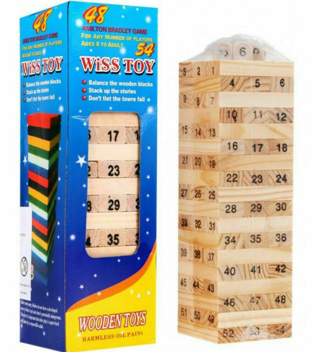 54 Pcs Wooden Tower Wooden Building Blocks Mini Wooden Number Stacking Jenga Tower Building