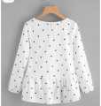 Women’s White Polka Dot Long Sleeve Peplum Top – Casual Printed Blouse. 
