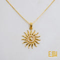 Gold Plated Guaranteed 01MM New Trend Stylish Box Chain 18 Inch Short Beautiful Design With New Sun Theme Fixed Stone Pendant. 