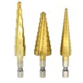 Clover 3 Pcs Hex Shank HSS Titanium Nitride Coated Step Drill Bits Set   [Zawgyi] တိုက္ေတနီယမ္ ႏိုက္ထရိုက္အုပ္ထားေသာ အေပါက္ခဲ့်စူးသြား ၃ ေခ်ာင္း တစုံ။  [Unicode] တိုက်တေနီယမ် နိုက်ထရိုက်အုပ်ထားသော အပေါက်ခဲျ့စူးသွား ၃ ချောင်း တစုံ။. 