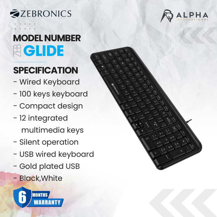 ZEBRONICS Zeb-Glide USB Wired Multimedia Keyboard for PC/Laptop with Rupee Symbol Key, Plug & Play, Gold Plated USB Connector (GLIDE BLACK)