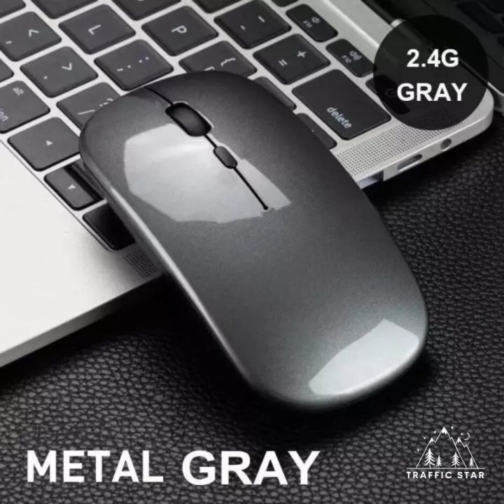 Wireless mouse with built-in battery, no clicking sound, Wireless Mouse , easy to use, beautiful lights, lightweight, beautiful design Metal Gray Color