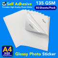 Glossy Photo Sticker | 135 g | Self-Adhesive Label Sticker | A4 Size 50 Sheets | Printer Photographic Paper for Inkjet Printers Office Supplies. 