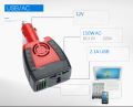 Car Inverter 150W 12V DC to 220V AC Power Supply Inverter Adapter with 2.1A USB Charger Port. 
