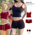 (Preorder) Women's red workout outfit, polyester, 2-piece set, camisole top + shorts, elastic waistband, drawstring, swimsuit #2447.. 