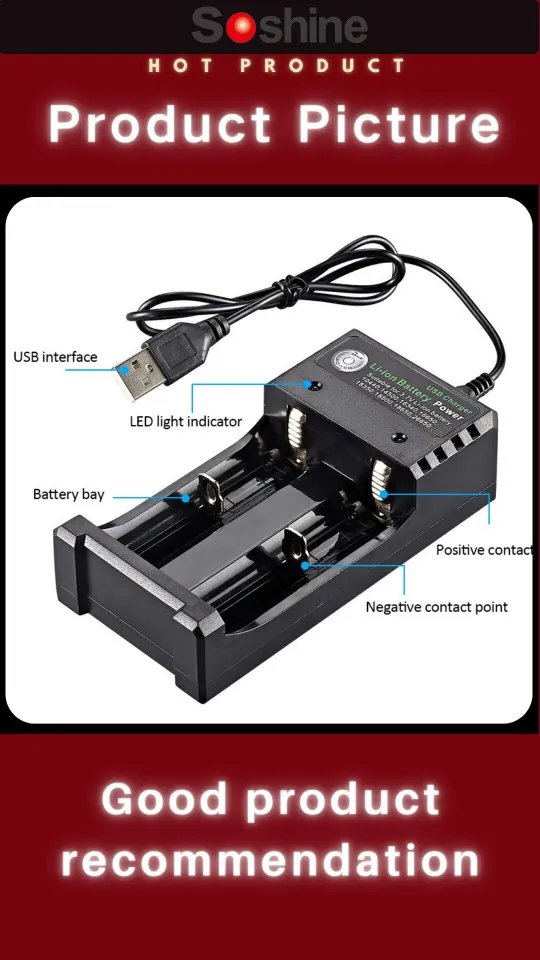 Caricabatterie USB Dual Slot Per Batterie Litio 14500, 18500, 26650 – Con Protezione Da Cortocircuito - 2