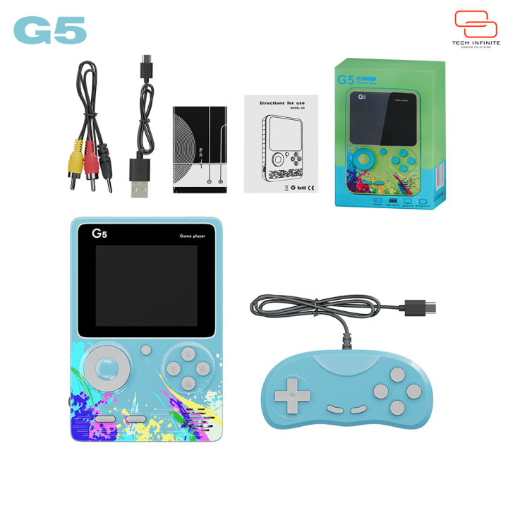 Tech Infinite G5 New Classic Retro Handheld Game Machine | 500-in-1 Built-in 80s Arcade Games | 2.4" Color Screen, 64M ROM | Supports TV Output & 2-Player Mode with Mini Gamepad | 1020mAh Rechargeable Battery, Portable Gaming Console - Blue