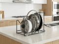 3-Tier Black Metal Pot Lid & Pan Organizer Rack – Kitchen Counter Storage Stand. 
