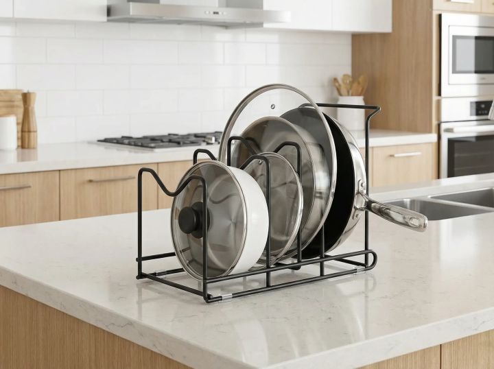 3-Tier Black Metal Pot Lid & Pan Organizer Rack – Kitchen Counter Storage Stand