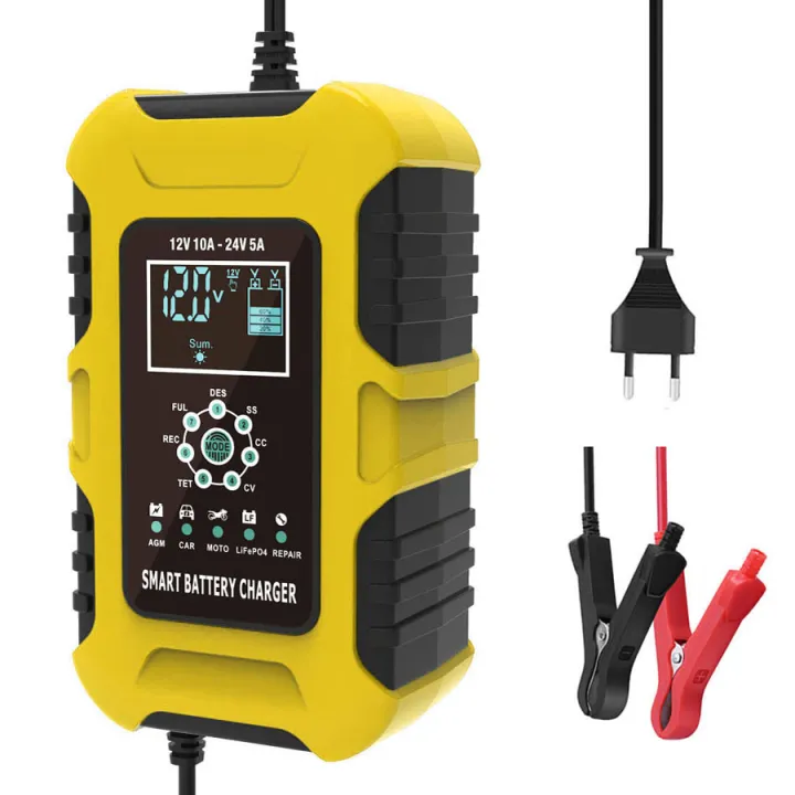 Foxsur 12V10A 24V5A Lithium Iron GEL Lead Acid AGM LiFePo4 Motorcycle Car Battery 7-stage Smart battery charger