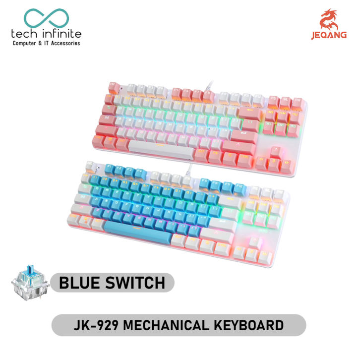 Tech Infinite JK-929 Mechanical Keyboard  87 Keys Wired Mechanical Keyboard Mixed Light Mechanical Keyboard with Mechanical Blue Switch Suspension Button Mechanical Gaming Keyboard, Mixed Light Gaming Keyboard Computer for Desktop Laptop (Blue, Pink)