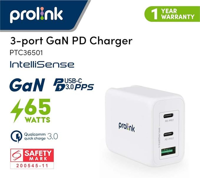 Prolink 3port 65W Travel Wall Charger with Intellisense (PTC36501)