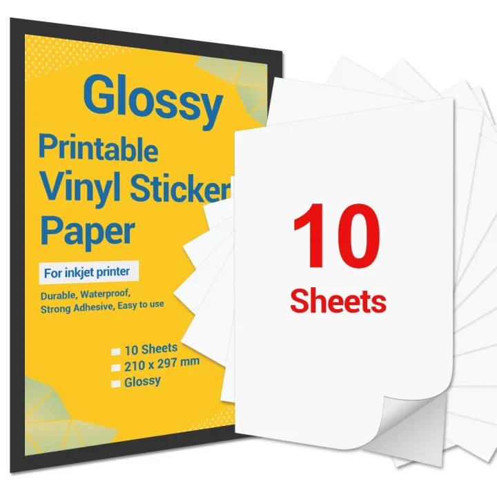 10 Sheets  Inkjet Waterproof Vinyl Sticker Paper  White Glossy  Comparable to Vinyl Inkjet  A4 Size Full Sheet Label  Inkjet Printers   Digital Labels