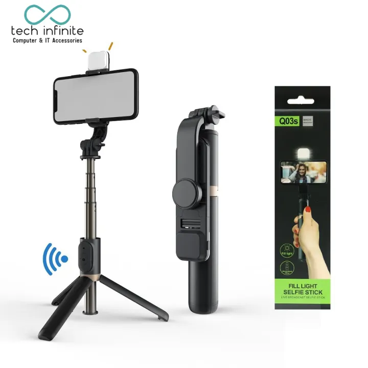 Tech Infinite Q03S Selfie Stick Tripod with Beauty Fill Light 760mm Wireless Remote BT 360 Rotation Phone Camera Aluminium Alloy Stand Holder Wireless Remote Selfie Stick BT Tripod 3 in 1 with LED Fill Light for Smartphone