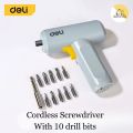 Deli screwdriver drill, screwdriver with 10 drill bits, has LED lights, lightweight, adjustable speed. 