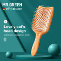 (Preorder) Mr.green Hair Brush Wide Board Massage Natural Beech Cat'S Head Design Comb Gasbag Hairbrush For Dry Wet Hair Detangler Women green hair brush. 