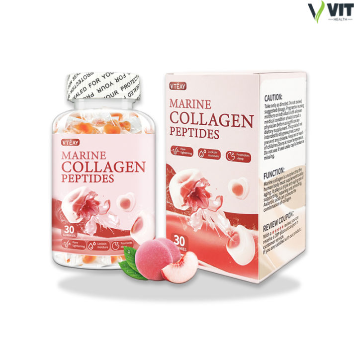 ဋ (30 tablets) VTEAY Collagen Gummy, white skin, peach flavor, marine collagen peptide gummy, MARINE COLLAGEN PEPTIDES