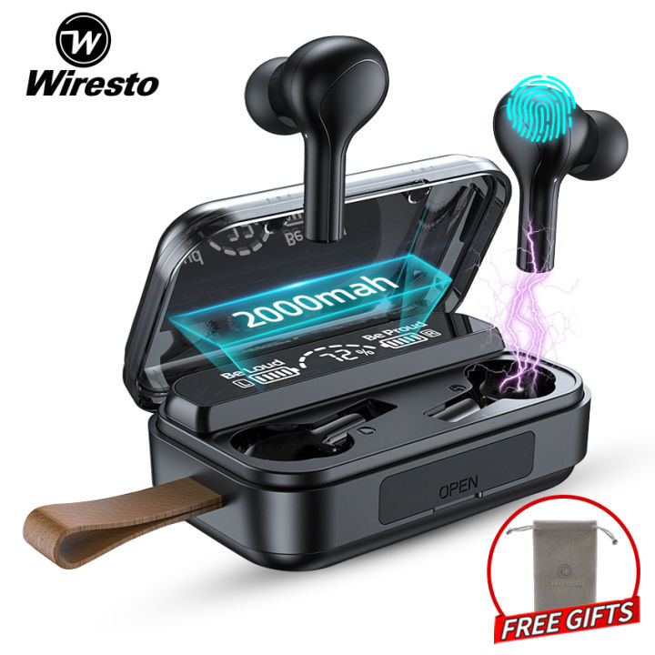 Wiresto True Wireless Earbuds Mini Earphone Headphone TWS Wireless Bluetooth V5.0 Headset Sport Music Stereo Headphone LED Display Noise Canceling with Microphone Free Case Box Charging Case