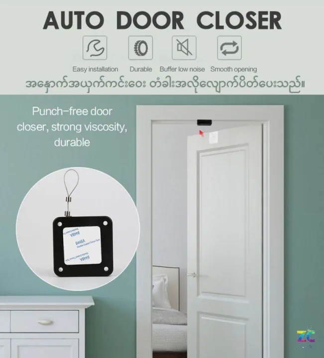 Automatic Door Closer for All Doors - Automatic Retractable Cable Box and Heavy Duty Stainless Steel Wire, No Drilling, 1 Set