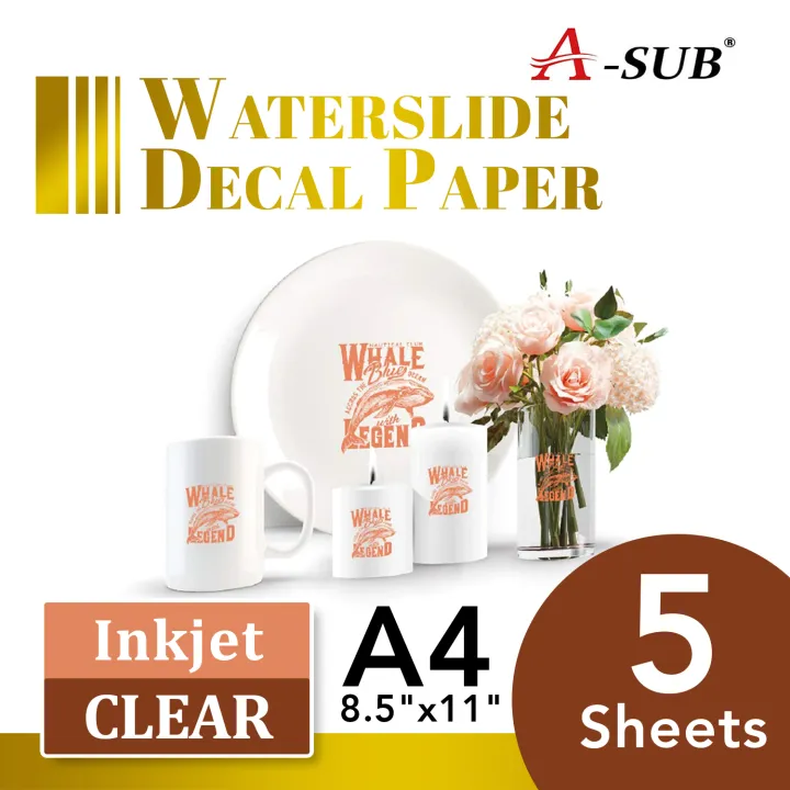 Waterslide Decal Paper for Inkjet Printers, ( Clear Base ) Water Slide Transfer Paper 8.5x11 in for DIY Tumbler, Mug, Glass Decals