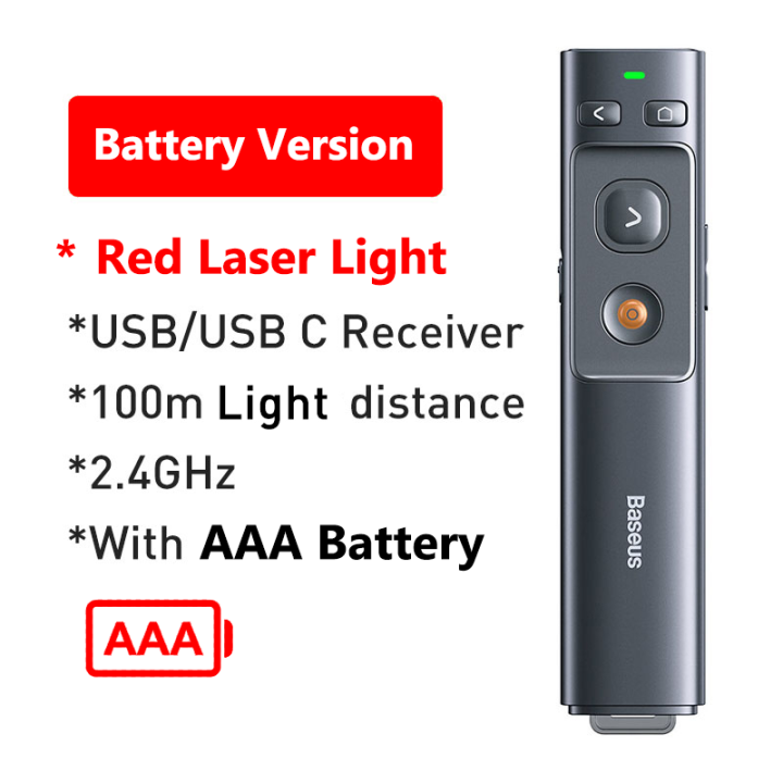 🔴🟢Red /Green Baseus Orange Dot Wireless Presenter With USB/Type-C Receiver (Rechargeable/ AAA battery type)