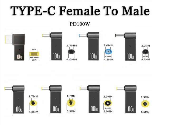 PD 100W laptop adapter USB Type-C connector female male DC plug jack converter for lenovo/hp/dell (5.5 x 2.5mm)