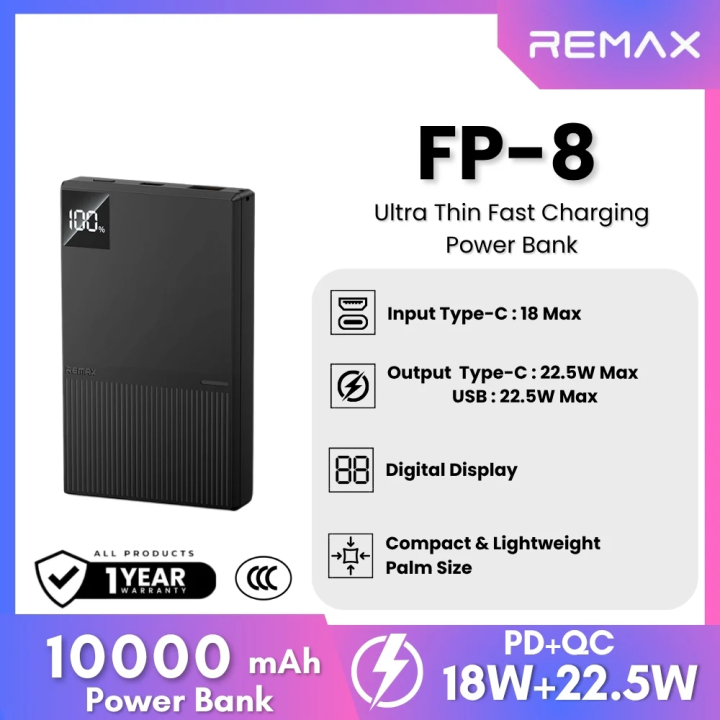 Remax - FP-8 10000mAh Ultra Thin Fast Charging Power Bank ( PD 20W + QC 22.5W )