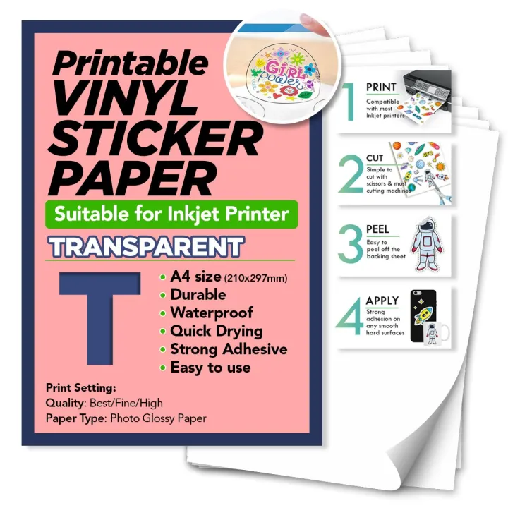 Transparent | Inkjet Waterproof Vinyl Sticker Paper | Comparable to Vinyl Inkjet | A4 Size Full Sheet Label | Inkjet Printers |  Digital Labels
