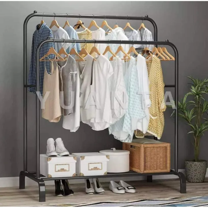 Stand Up Hanging Robe Rack Standing Hanger Double Poles Multi-Functional Bedroom Clothing Rack ...
