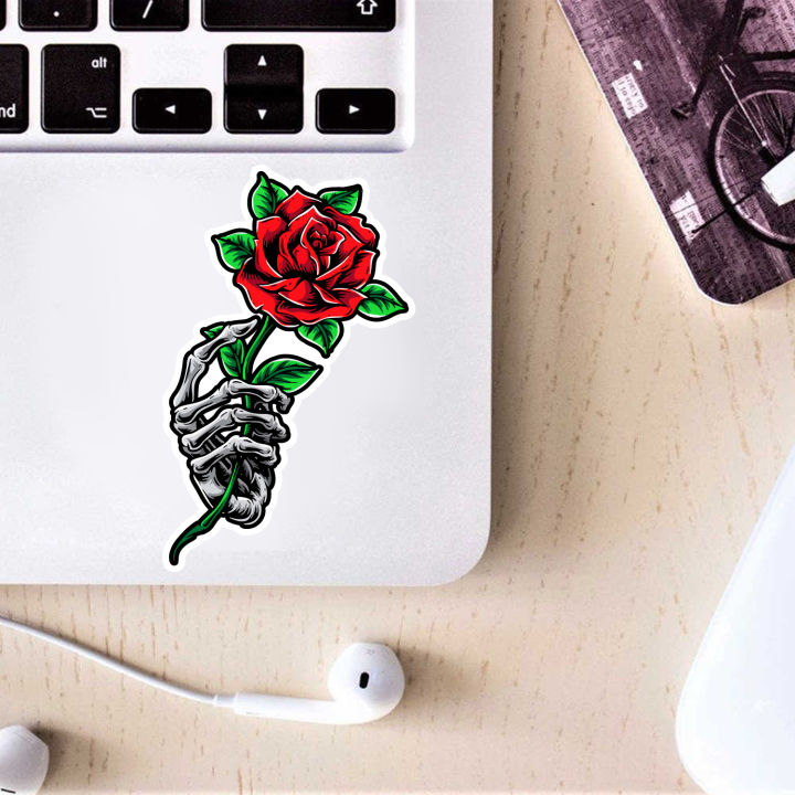 Skeleton Hand Holding Rose Sticker - 5 Pcs Set | Laptop Sticker | Car Sticker | Phone Sticker | Waterbottle Sticker | Wall Sticker | Die Cut Sticker| Waterproof Sticker