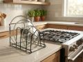 3-Tier Black Metal Pot Lid & Pan Organizer Rack – Kitchen Counter Storage Stand. 
