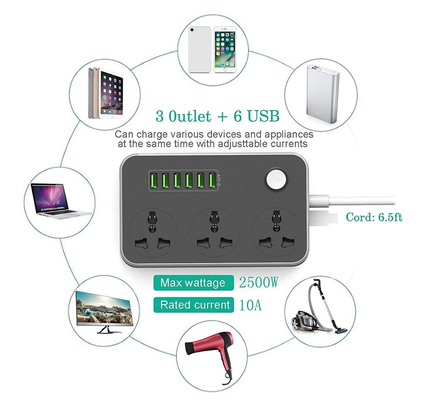 Plug Point Usb Driver Recrsi PS-14 (UK PLUG) Multifunctional 6-Port Universal USB With 3 ...